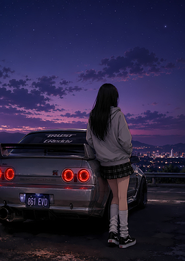 Anime Girl with Sports Car at Night