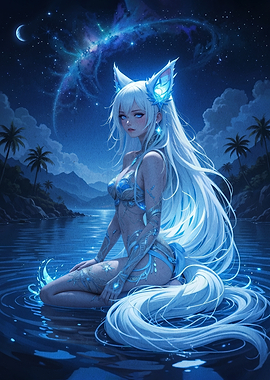 Anime Fox Girl in Cosmic Ocean