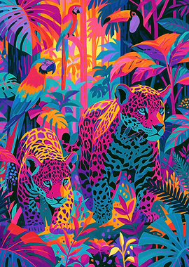 Vibrant Jungle with Jaguars and Parrots