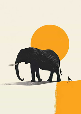 Elephant and Bird at Sunset