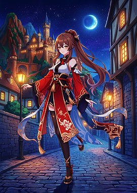 Anime Girl in Red Kimono at Night