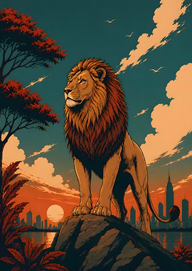 Lion on a rock overlooking a city