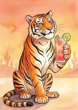 Tiger Holding Citrus Drink Desert Landscape Orange Watercolor Animal Lover Bar