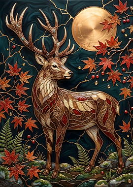 Deer with Autumn Leaves Stained Glass