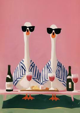 Ducks Enjoying Wine and Cheese