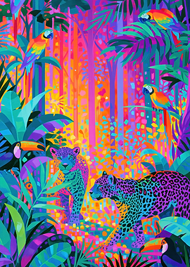 Vibrant Jungle with Jaguars and Macaws