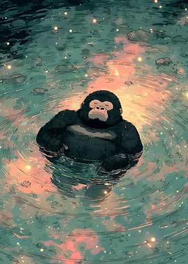 Gorilla floating and sleep in cosmic water