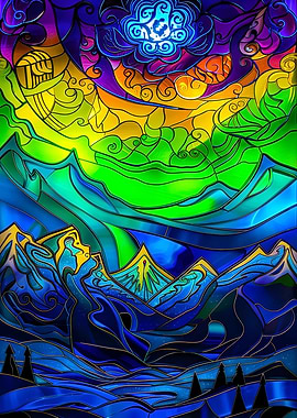 Stained Glass Mountain Landscape