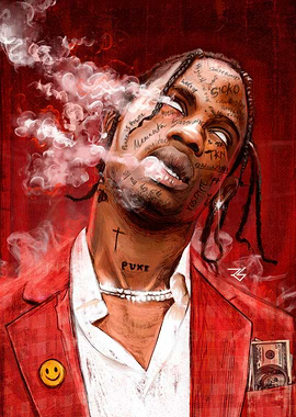 Travis Scott Portrait with Smoke and Tattoos