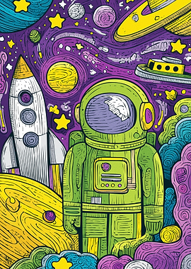 Astronaut in a colorful cosmic scene
