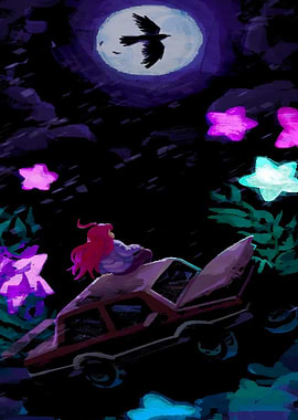 Girl on car under starry night