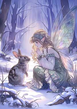 Fairy and Rabbit in Snowy Forest