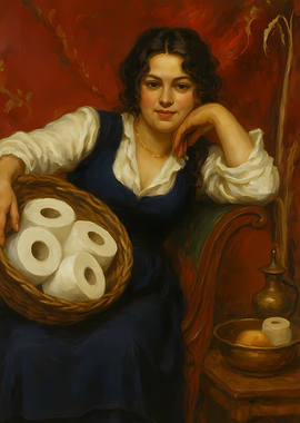 Woman with Basket of Toilet Paper