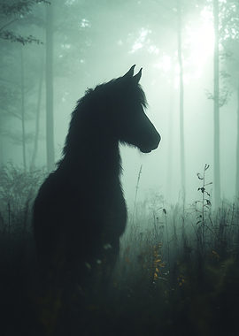 Silhouette of a horse in a misty forest