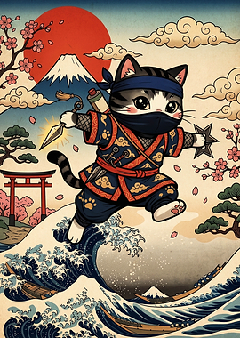 Ninja Cat Jumping Over Waves