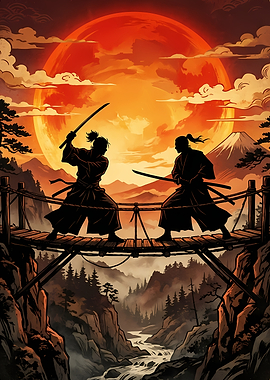 Samurai duel at sunset