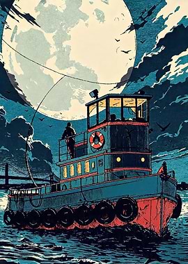 Tugboat under a full moon