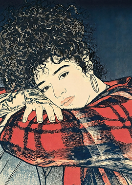 Woman with Curly Hair and Plaid Blanket