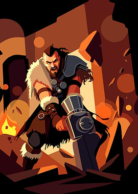 Warrior with Hammer in Fiery Environment
