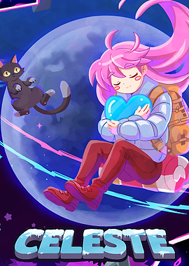 Celeste Game Art with Cat and Moon