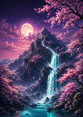 Enchanting Mountain Waterfall with Cherry Blossoms