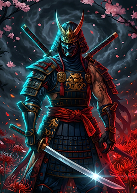 Samurai Warrior with Swords and Flowers