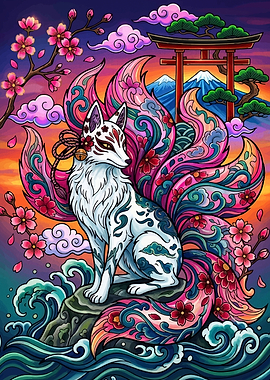 Kitsune Fox with Cherry Blossoms and Mount Fuji