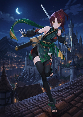 Anime Ninja on Rooftop at Night