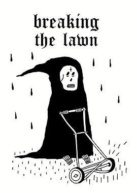 Grim Reaper Mowing Lawn in Rain