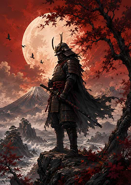 Samurai Warrior Under a Red Moon