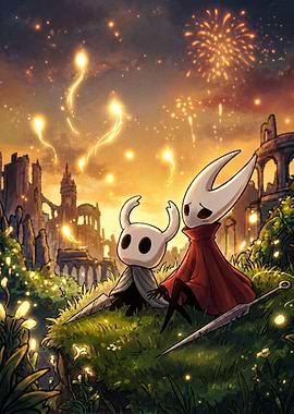 Hollow Knight characters watching fireworks