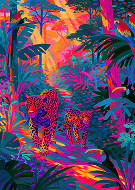 Vibrant Jungle with Jaguars and Parrots