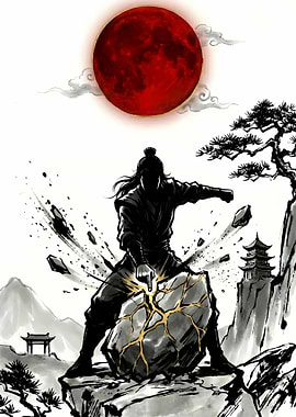 Warrior Smashes Rock Under Red Moon