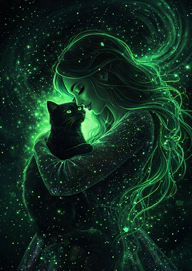 Woman Hugging a Black Cat in a Starry Nebula