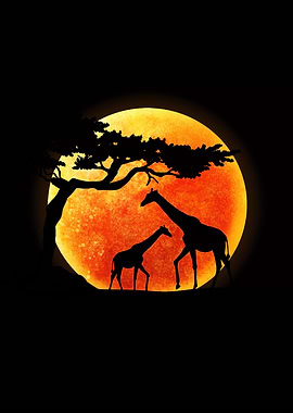 Giraffes silhouetted against a large orange moon