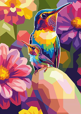 Two Hummingbirds and Flowers