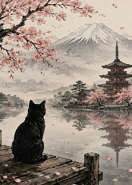 Black Cat Gazing at Mount Fuji and Pagoda