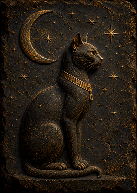Egyptian Cat Goddess Bastet with Moon and Stars