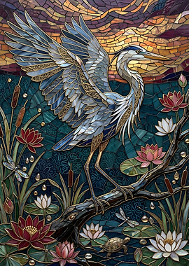Heron and Water Lilies Mosaic