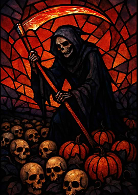 Grim Reaper with Scythe and Pumpkins