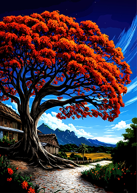 Vibrant Tree Overlooking Rural Landscape