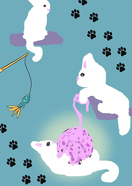 Three white cats playing with toys
