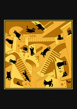 Impossible Cat Staircase Escher Inspired Art