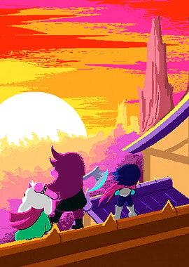 Deltarune characters on a rooftop at sunset