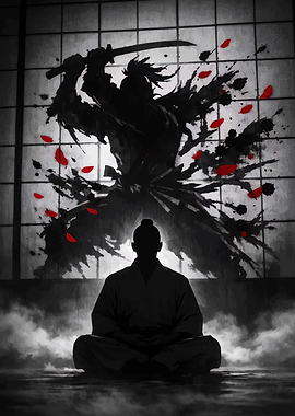 Samurai meditating with warrior silhouette