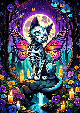 Skeleton Cat with Butterfly Wings