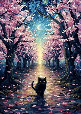 Black Cat in Cherry Blossom Path