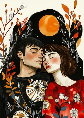 Couple Embracing Under a Full Moon