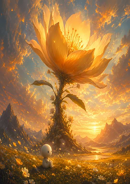 Giant Flower and Cute Character in Golden Landscape