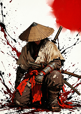 Samurai Warrior in Red and Black Splatter